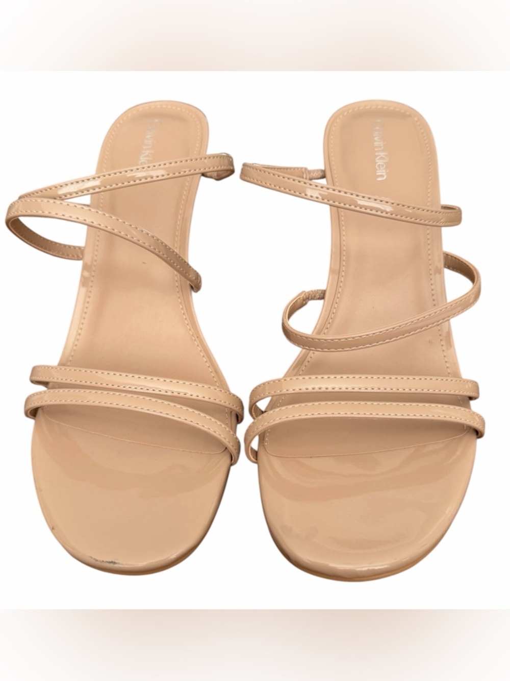 Calvin Klein Patent Strappy Heeled Sandals in Nude Beige - Picture 2 of 7